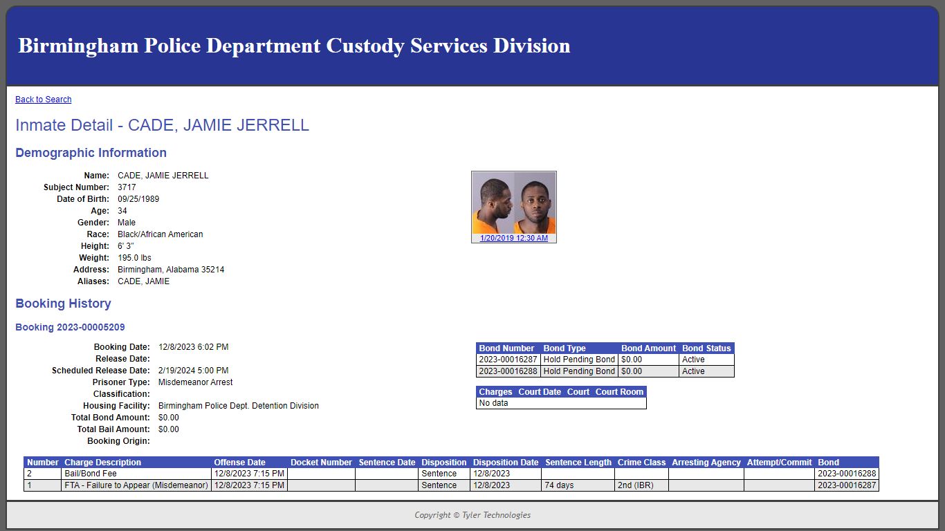 Inmate Detail - CADE, JAMIE JERRELL